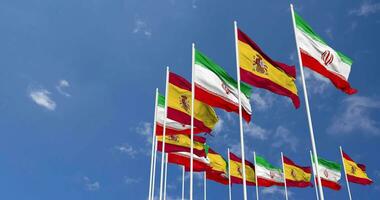 Spain and Iran Flags Waving Together in the Sky, Seamless Loop in Wind, Space on Left Side for Design or Information, 3D Rendering video