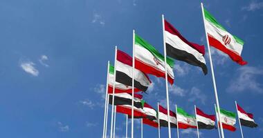 Yemen and Iran Flags Waving Together in the Sky, Seamless Loop in Wind, Space on Left Side for Design or Information, 3D Rendering video