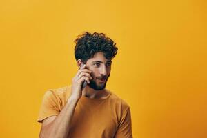 Portrait caucasian lifestyle communication guy attractive beard handsome telephone smartphone person photo