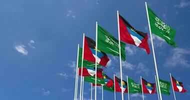 Antigua and Barbuda and KSA, Kingdom of Saudi Arabia Flags Waving Together in the Sky, Seamless Loop in Wind, Space on Left Side for Design or Information, 3D Rendering video