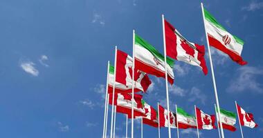 Canada and Iran Flags Waving Together in the Sky, Seamless Loop in Wind, Space on Left Side for Design or Information, 3D Rendering video