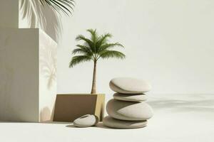 AI generated Premium stones podium for Presentation of the product with leaves. Pro Photo