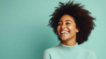 AI generated Laughing Black Woman isolated on Minimalist Background. DEIB, Diversity, Equity, Inclusion, Belonging photo