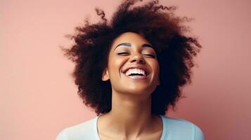 AI generated Laughing Black Woman isolated on Minimalist Background. DEIB, Diversity, Equity, Inclusion, Belonging photo