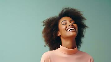 AI generated Laughing Black Woman isolated on Minimalist Background. DEIB, Diversity, Equity, Inclusion, Belonging photo