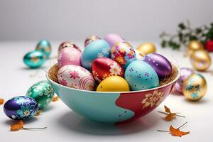 AI generated Bowl with bright multi-colored Easter eggs photo