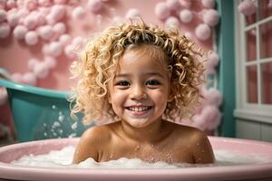 ai generado linda pequeño sonriente Rizado niña sentado en un bañera lleno de espuma foto