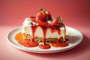 ai generado tarta con merengue y Fresco fresas pedazo de tarta en un blanco plato foto