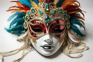 AI generated Closed Venetian carnival mask with feathers photo