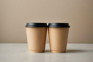 AI generated Pair of beige cardboard cups with lid photo