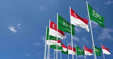 Singapore and KSA, Kingdom of Saudi Arabia Flags Waving Together in the Sky, Seamless Loop in Wind, Space on Left Side for Design or Information, 3D Rendering video