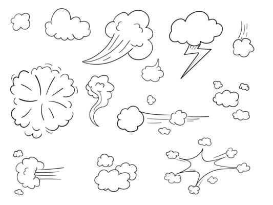 Hand drawn comic book explosions, clouds, smoke set
