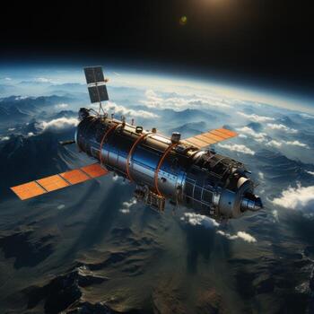 AI generated Various shapes of satellites in space with a cloudy earth layer background, good for business, blogs, wallpapers, designs, advertising etc. Generative Ai Image photo