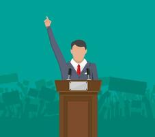 Public speaker politician on the podium in front of a crowd silhouette. Vector illustration in flat style