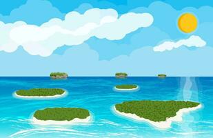 Landscape of islands and beach. Sun with reflection in water and clouds. Day in tropical place. Aerial view. Vector illustration in flat style