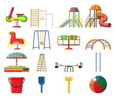 Kids playground kindergarten set. Urban child amusement. Slide ladder, rocking toy on spring, slide tube, swing, carousel, balancer, sandbox, bucket rake ball scoop. Vector illustration flat style