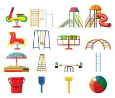 Kids playground kindergarten set. Urban child amusement. Slide ladder, rocking toy on spring, slide tube, swing, carousel, balancer, sandbox, bucket rake ball scoop. Vector illustration flat style