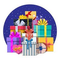 Pile of gift boxes isolated on white. Colorful wrapped. Sale, shopping. Present boxes different sizes with bows and ribbons. Collection for birthday and holiday. Vector illustration in flat style