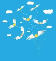 Dollars and coins with wings in the sky with clouds. Losing money. Vector illustration in flat style