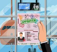 Waiting hall, departure lounge in passanger terminal of airport. Plane before takeoff. Hand with passport and visa, terminal building. Cityscape. Vector illustration in flat style