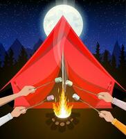 Bonfire with marshmallow. Logs and fire. Tent, forest, moon, sky. Camping, burning woodpile in night. Vector illustration in flat style