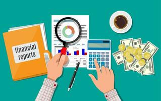 Hand with magnifying glass and calculator, analysis of financial report. Financial audit concept. Calculation. Auditing tax process. Business background. Vector illustration in flat design