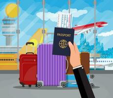 International airport concept. Modern and vintage travel bag. Plastic and leather case. Hand with passport and boarding pass. Travel baggage and luggage. Vector illustration in flat style