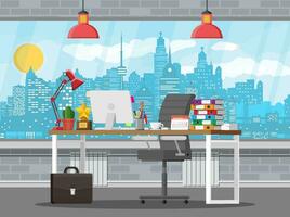 Office building interior. Desk with computer, chair, lamp, books and document papers. Brick wall, window and cityscape. Modern business workplace. Vector illustration in flat style