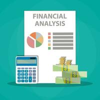 Financial calculations. Working process. calculator, financial reports, money, coins. vector illustration in flat design on green background