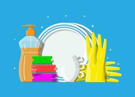 Bottle of detergent, sponge and rubber gloves. Clean teacups and ceramic plate. Accessories for washing dishes and house cleaning. Dishwashing. Vector illustration in flat style