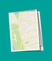 Folded paper city suburban map. Abstract generic map with roads, buildings, parks, river, lake. GPS and navigation. Vector illustration in flat style