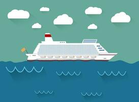 blanco crucero barco, Oceano transatlántico en agua y cielo con nubes vector ilustración en plano diseño