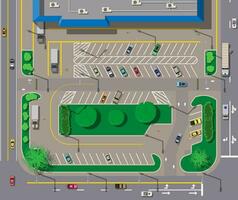 grande compras centrar o centro comercial y estacionamiento para carros. ciudad estacionamiento lote con diferente carros. árbol área. estacionamiento zona parte superior ver con varios vehículos ciudad vida. vector ilustración en plano estilo