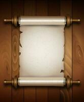 Vertical old scroll paper with handles on wooden background with space for your text. vector illustration