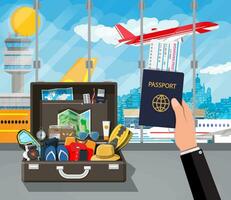 International airport concept. Summer holiday, tourism and vacation items. Bag photo camera compass, wallet, map, scuba mask, flip flops, hat shirt, shorts, passport ticket wallet Vector flat style