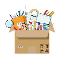Office accessories in cardboard box. Book, notebook, ruler, knife, folder, pencil, pen, calculator scissors paint tape file. Office supply stationery and education. Vector illustration flat style