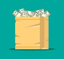 Stack of dollar banknotes in paper shopping bag. Concept of shopping savings, donation, paying. Vector illustration in flat style