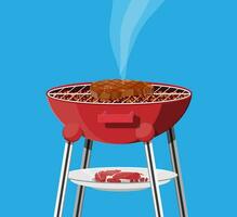 Round barbecue grill. Bbq icon. Electric grill. Device for frying food. Fresh meat and steak. Vector illustration in flat style