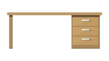 Wooden desk with drawer. Brown table with lockers. Workplace and paperwork. Office working furniture. Vector illustration in flat style