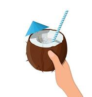 Half coconut in hand. Cold drink milk, alcohol cocktail. Umbrella and ice cubes. Refreshment beach drink with straw. Vector illustration in flat style