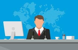 Man with microphone, desktop pc, coffee cup, world map. News announcer in the studio. Journalism, live report, breaking hot news, television and radio casts concept. Vector illustration in flat style