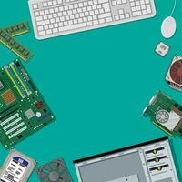 Motherboard, hard drive, cpu, fan, graphic card, memory and case. Mouse and keyboard. Assembling PC. Personal computer hardware. Vector illustration in flat style