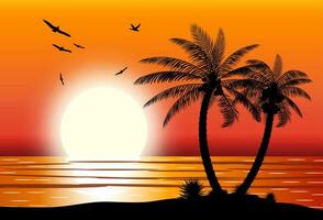 Silhouette of palm tree on beach. Sun with reflection in water and seagulls. Sunset in tropical place. Vector illustration
