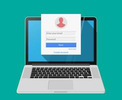 Member login form into account managment page on laptop screen, ui element, web site, mobile app, secure login. Vector illustratiom in flat style