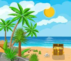 Pirates treasure island with chest full of gems and gold, death skull and crossbones. Beach with palm, coconuts. Sea, cloud and sun. Vector illustration in flat style