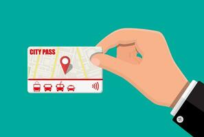 Hand with city pass. Bus, train, subway, taxi travel ticket with cashless payment system. Card with map of city with roards and houses. Vector illustration in flat style