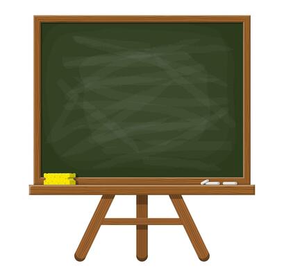 Empty green chalkboard with wooden frame. Yellow sponge and white chalk. Lesson in school classroom blackboard. College or university, education or business training. Vector illustration in flat style