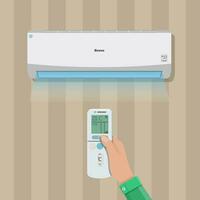 Air conditioner system. hand with remote control and internal unit on wall. vector illustration in flat style