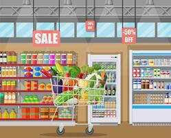 Supermarket store interior with vegetables in shopping cart. Big shopping mall. Interior store inside. Checkout counter, grocery, drinks, food, dairy products. Vector illustration in flat style