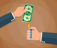 Cartoon businessman hand holding money bill and another hand holding lighter. vector illustration in flat design on brown background